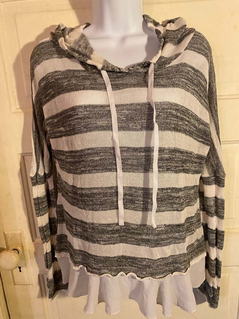 Chance Or Fate Women's Gray and White Striped Lightweight Knit Hooded Sweater wi